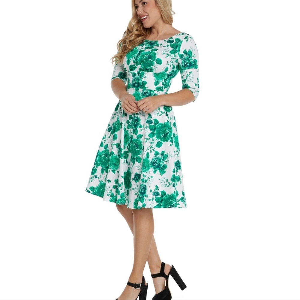 NWT Eva Rose Green Rose Fit & Flare Dress